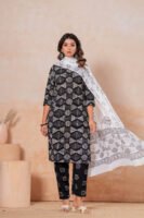 Hand Block Printed Cotton Kurta Set with Dupatta (Black & White Geometric)