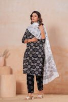 Hand Block Printed Cotton Kurta Set with Dupatta (Black & White Geometric)