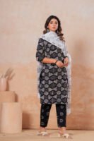Hand Block Printed Cotton Kurta Set with Dupatta (Black & White Geometric)