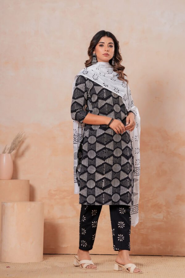 Hand Block Printed Cotton Kurta Set with Dupatta (Black & White Geometric)