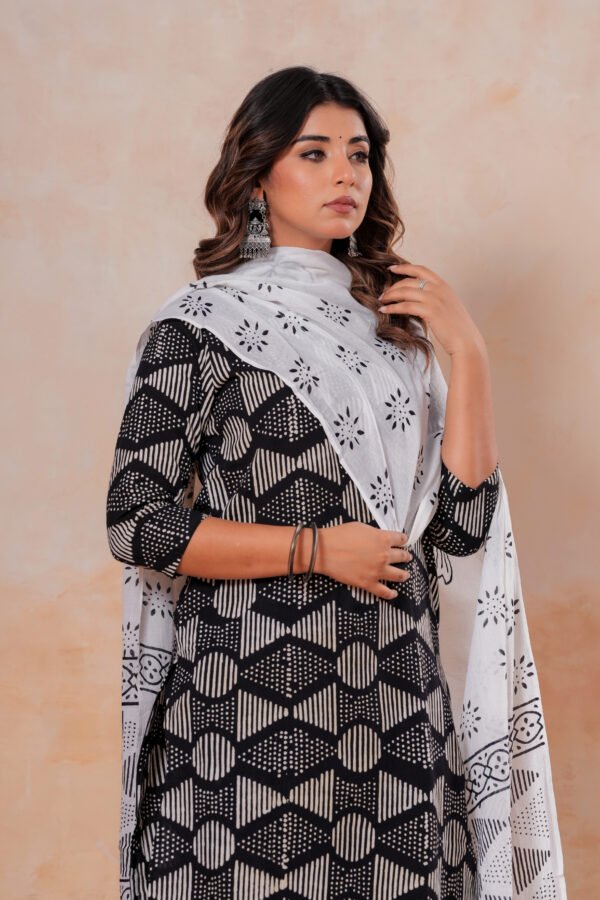 Hand Block Printed Cotton Kurta Set with Dupatta (Black & White Geometric)
