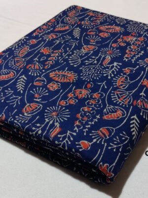 Cotton Hand Block Printed Running Fabric – Indigo Blue Floral