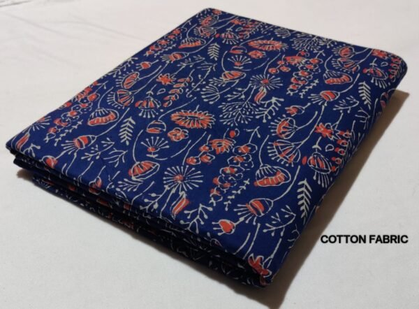 Cotton Hand Block Printed Running Fabric – Indigo Blue Floral