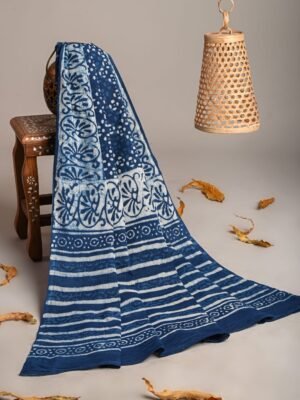 Hand Block Printed Cotton Mulmul Dupatta – Indigo Bloom