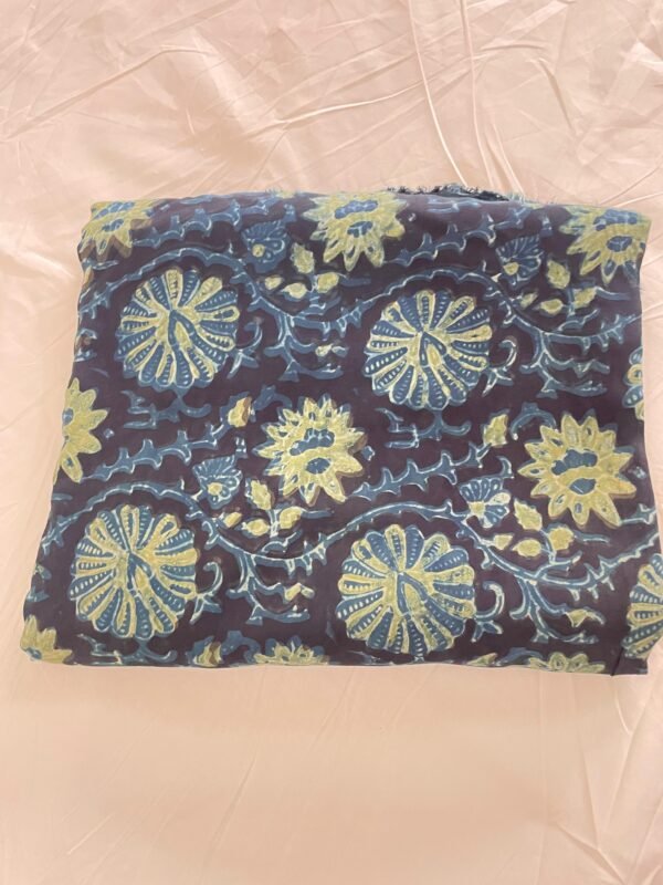 Premium Modal Silk Fabric – Hand Block Printed Floral Vine Design (Indigo Blue Base)