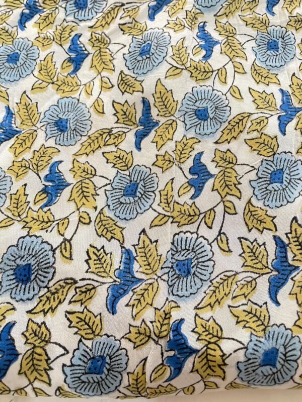 Premium Modal Silk Fabric – Hand Block Printed Floral & Leaf Design (Off White Base)