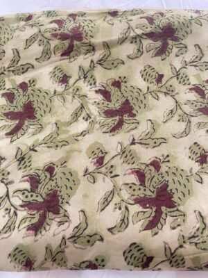 Premium Modal Silk Fabric – Hand Block Printed Floral Bird Design (Beige Base)