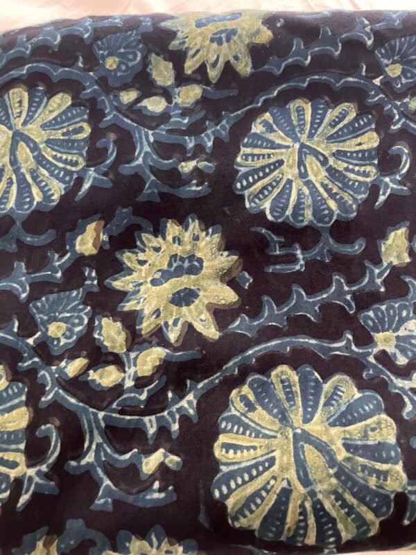 Premium Modal Silk Fabric – Hand Block Printed Floral Vine Design (Indigo Blue Base)