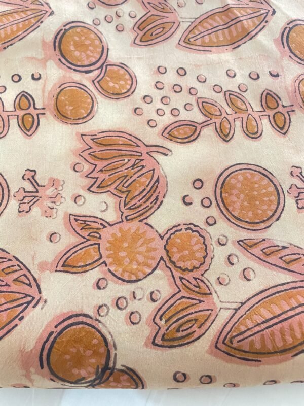 Premium Modal Silk Fabric – Hand Block Printed Abstract Floral Design (Peach Beige Base)
