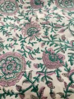 Premium Modal Silk Fabric – Hand Block Printed Floral Vine Design (Off White Base | Teal & Pink)