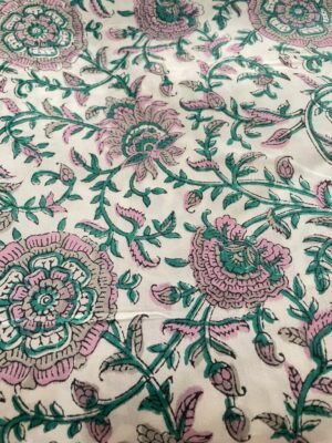 Premium Modal Silk Fabric – Hand Block Printed Floral Vine Design (Off White Base | Teal & Pink)