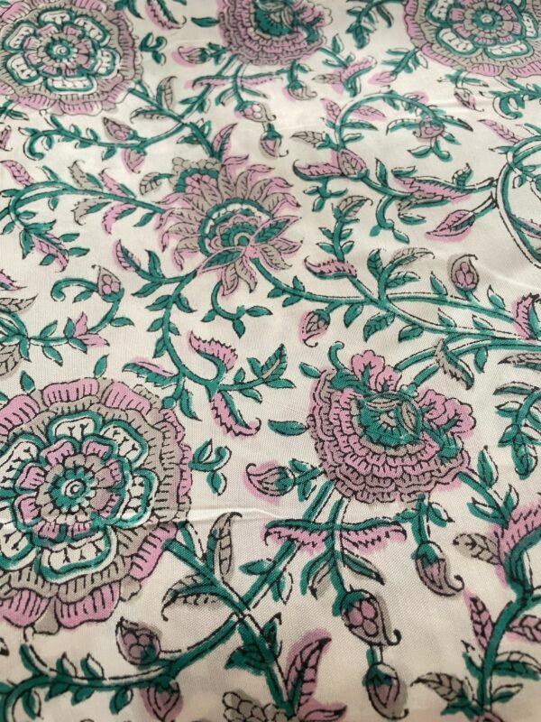 Premium Modal Silk Fabric – Hand Block Printed Floral Vine Design (Off White Base | Teal & Pink)