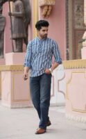 Men’s Stylish Short Kurta – Striped Casual & Ethnic Wear (Blue & White)