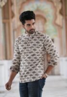 Men’s Printed Short Kurta – Elegant Casual Ethnic Wear (Beige)