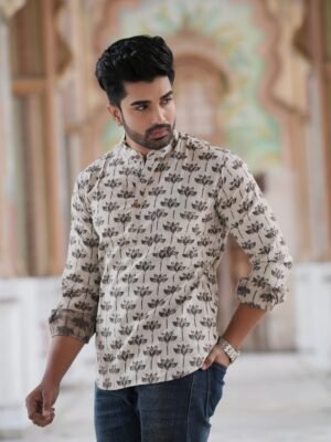Men’s Printed Short Kurta – Elegant Casual Ethnic Wear (Beige)