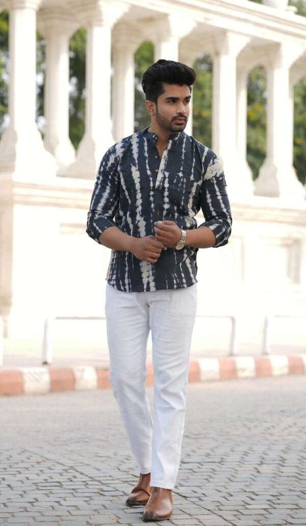 Men’s Trendy Short Kurta – Tie & Dye Ethnic Wear (Black & White)