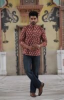 Men’s Printed Short Kurta – Royal Festive Wear (Maroon Gold Print)