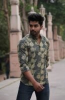 Men’s Printed Short Kurta – Premium Leaf Print (Olive Green)