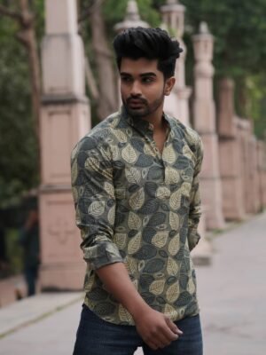 Men’s Printed Short Kurta – Premium Leaf Print (Olive Green)