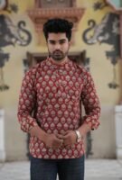 Men’s Printed Short Kurta – Royal Festive Wear (Maroon Gold Print)