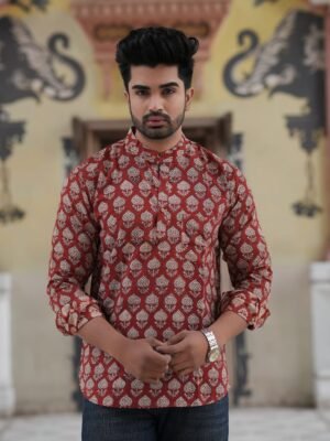 Men’s Printed Short Kurta – Royal Festive Wear (Maroon Gold Print)