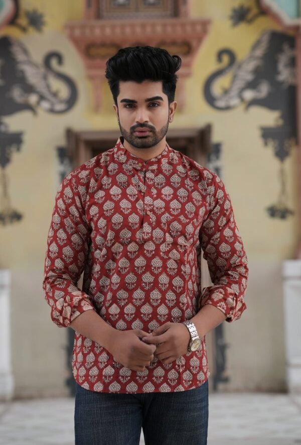 Men’s Printed Short Kurta – Royal Festive Wear (Maroon Gold Print)