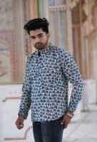 Men’s Elephant Print Short Kurta – Minimal Ethnic Style (White & Blue)