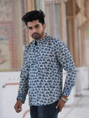 Men’s Elephant Print Short Kurta – Minimal Ethnic Style (White & Blue)