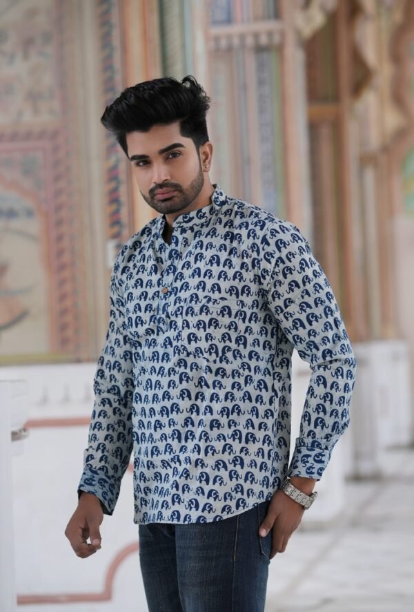 Men’s Elephant Print Short Kurta – Minimal Ethnic Style (White & Blue)