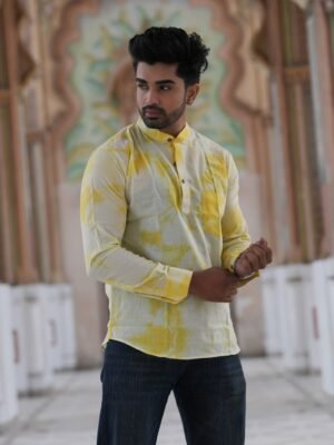 Men’s Tie-Dye Short Kurta – Trendy Festive Wear (Yellow)