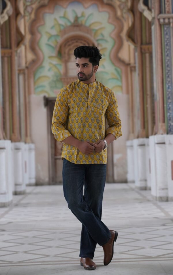 Men’s Printed Short Kurta – Elegant Festive Wear (Mustard Yellow)