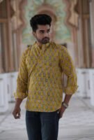 Men’s Printed Short Kurta – Elegant Festive Wear (Mustard Yellow)