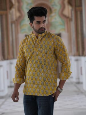 Men’s Printed Short Kurta – Elegant Festive Wear (Mustard Yellow)