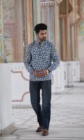 Men’s Elephant Print Short Kurta – Minimal Ethnic Style (White & Blue)