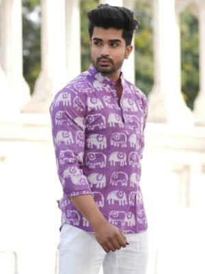 Men’s Elephant Print Short Kurta – Statement Ethnic Wear (Purple)