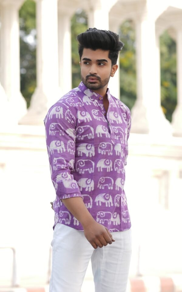 Men’s Elephant Print Short Kurta – Statement Ethnic Wear (Purple)