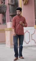 Men’s Printed Short Kurta – Ethnic Festive Wear (Maroon)