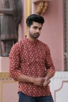 Men’s Printed Short Kurta – Ethnic Festive Wear (Maroon)