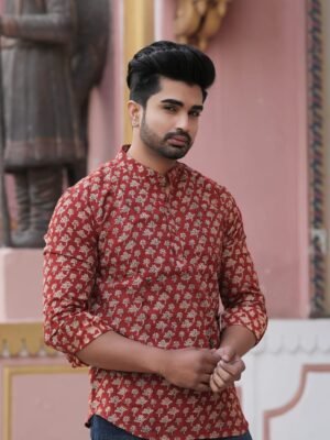 Men’s Printed Short Kurta – Ethnic Festive Wear (Maroon)