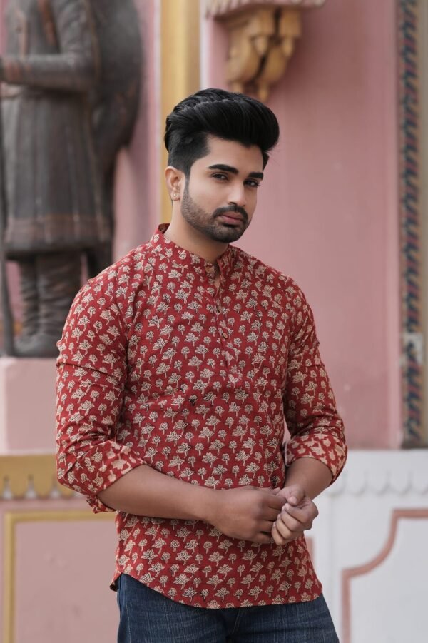 Men’s Printed Short Kurta – Ethnic Festive Wear (Maroon)