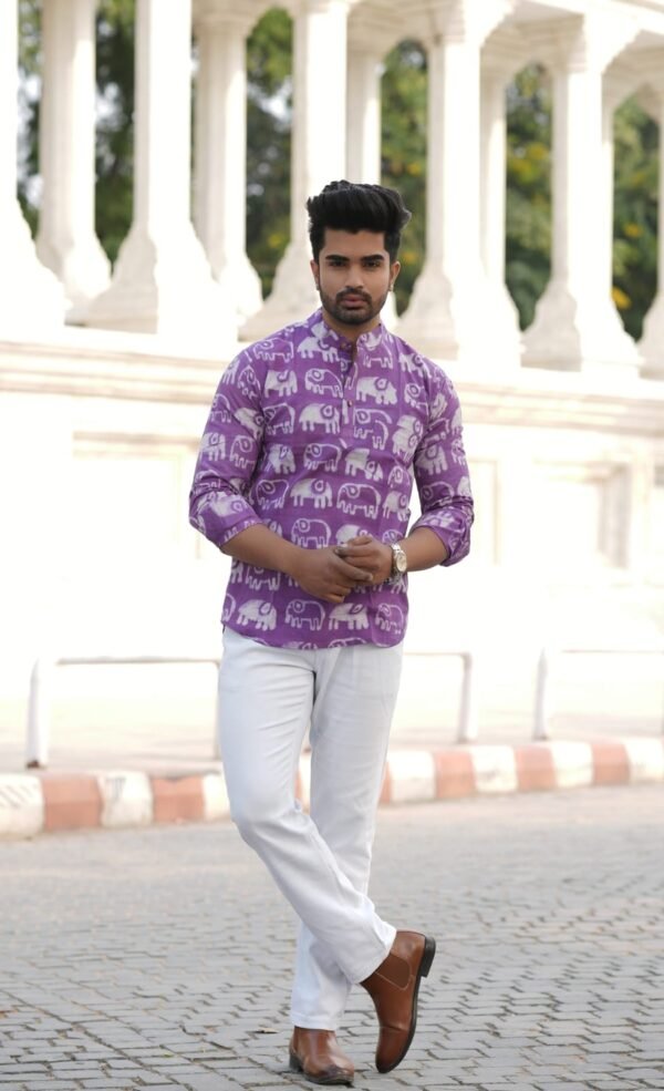 Men’s Elephant Print Short Kurta – Statement Ethnic Wear (Purple)