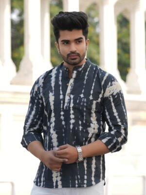 Men’s Trendy Short Kurta – Tie & Dye Ethnic Wear (Black & White)