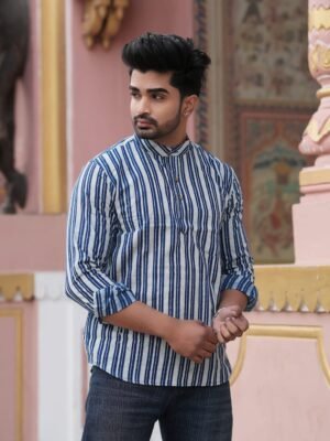 Men’s Stylish Short Kurta – Striped Casual & Ethnic Wear (Blue & White)