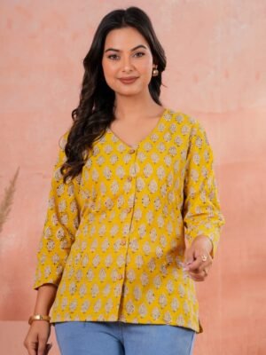 Women’s Printed Shirt – Classic Ethnic Motif (Mustard Yellow)