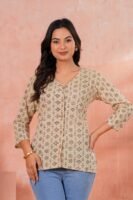 Women’s Printed Shirt – Minimal Ethnic Design (Beige)