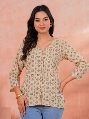 Women’s Printed Shirt – Minimal Ethnic Design (Beige)