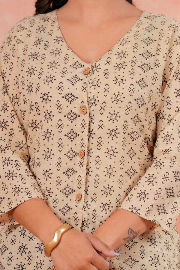 Women’s Printed Shirt – Minimal Ethnic Design (Beige)