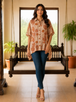 Premium Muslin Modal Silk Printed Kaftan Shirt – Rust Beige Abstract