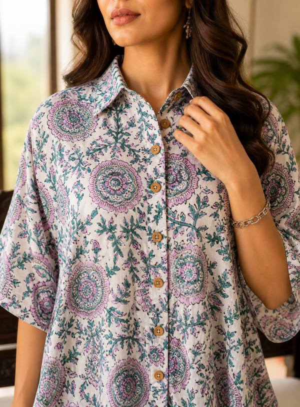 Premium Muslin Modal Silk Printed Kaftan Shirt – Elegant Pastel Edition