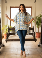 Premium Muslin Modal Silk Printed Kaftan Shirt – Classic Blue Floral